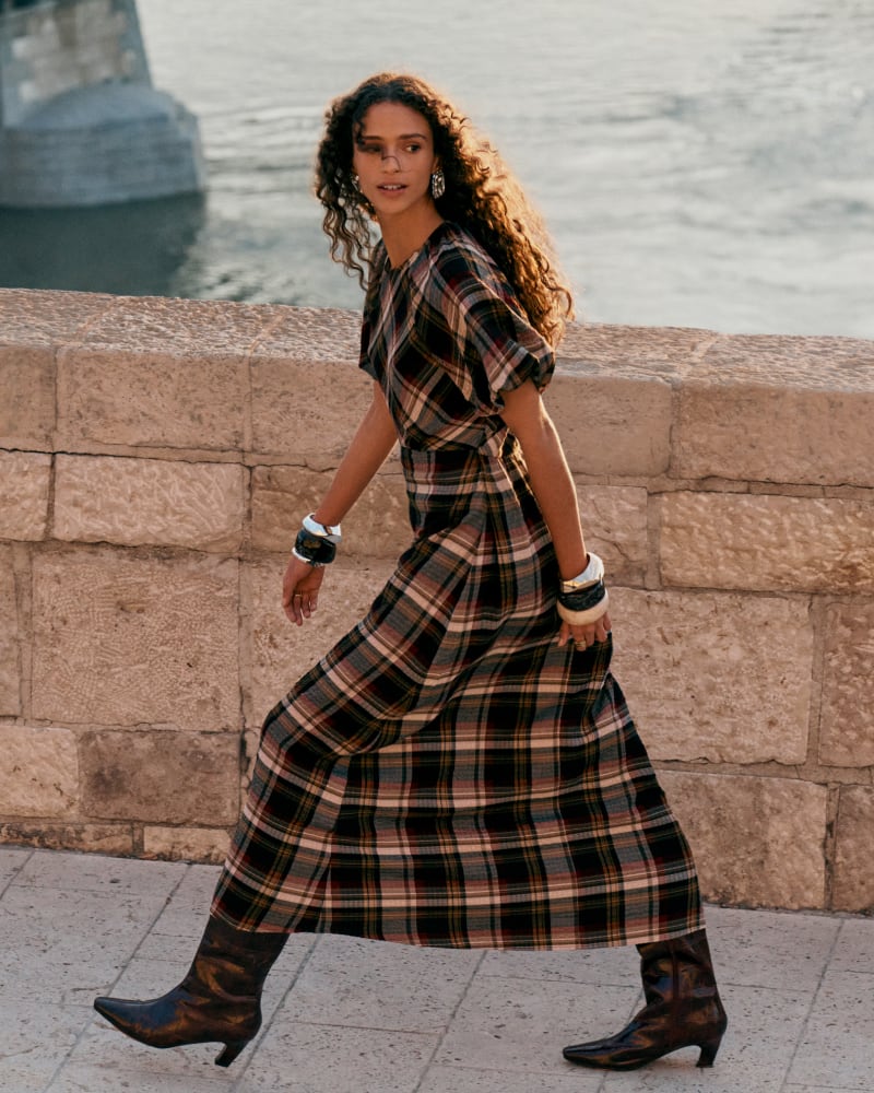 Puff Sleeve Check Midi Dress