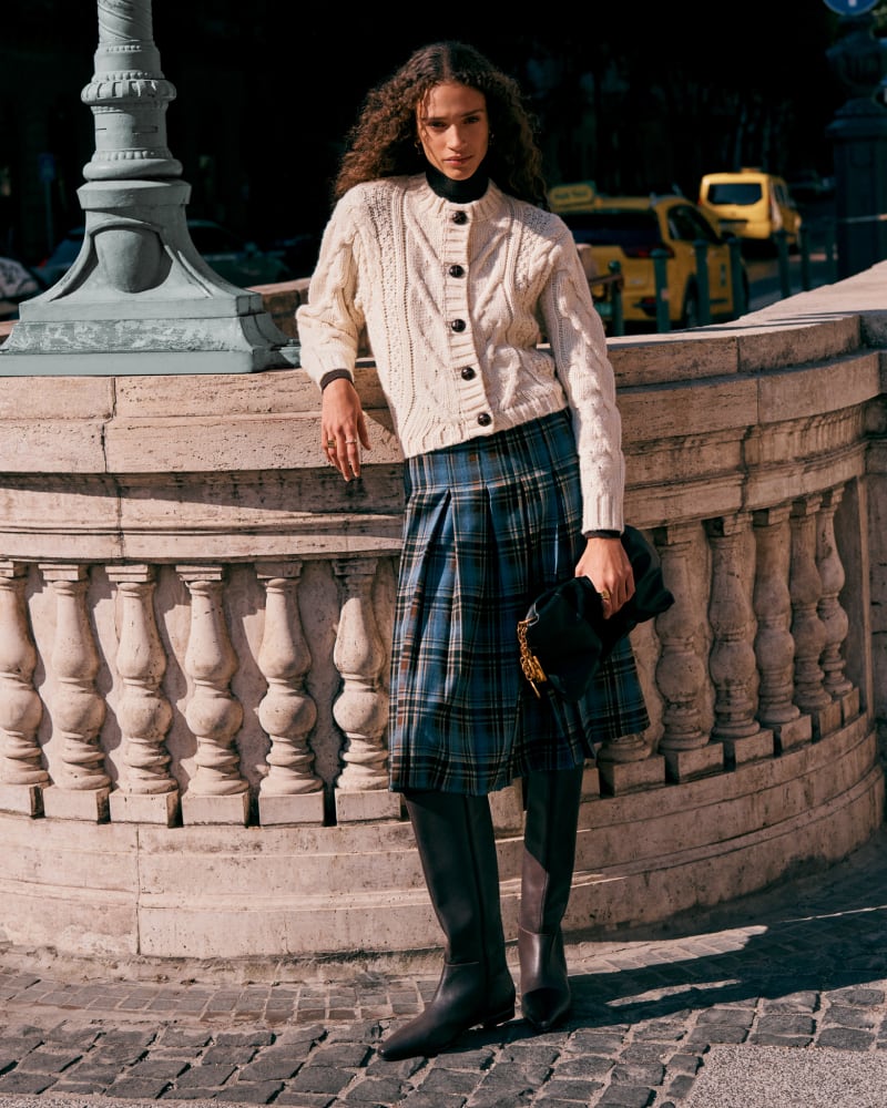 Chunky Cable Knit Cardigan and Check Kilt Skirt