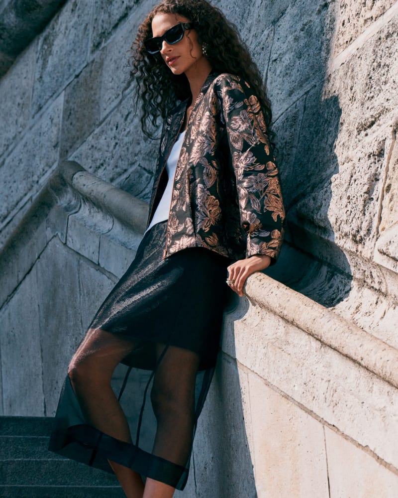 Jacquard Bomber Jacket and Black Sheer Pencil Skirt