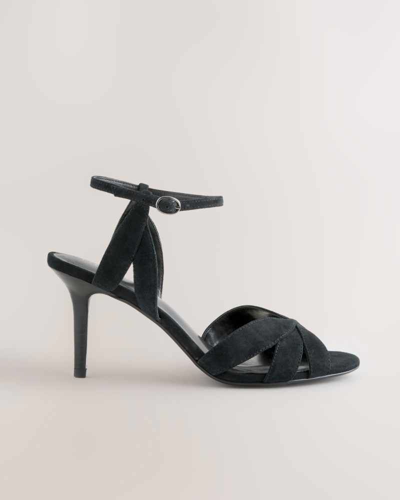 Black Suede Lattice Front Heeled Sandals