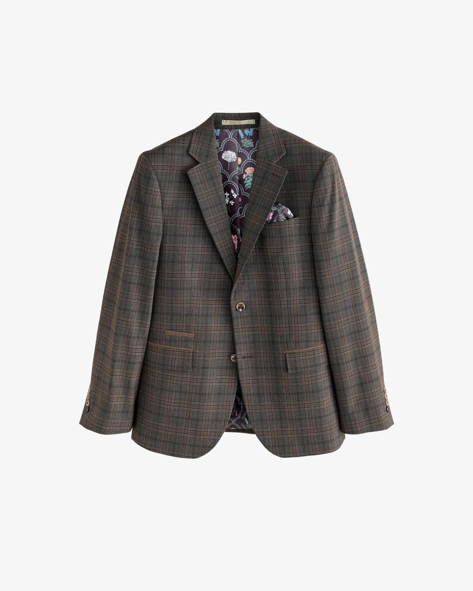 Brown Slim Fit Trimmed Check Suit Jacket