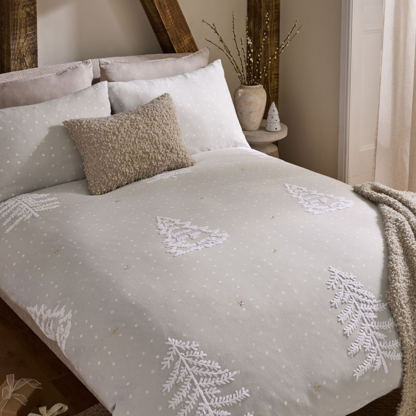 Natural Trees Tufted Trees 100% Brushed Cotton Christmas Duvet Cover Set