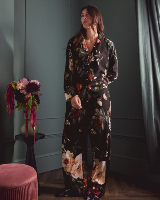 Charcoal Grey Floral Print Jersey Button Through Pyjamas