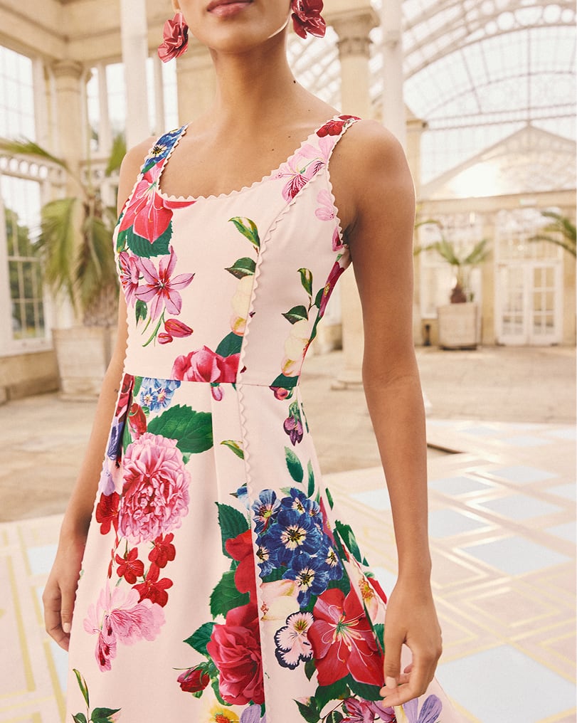 Love & Roses x RHS Ivory Floral Structured Scoop Neck Midi Dress
