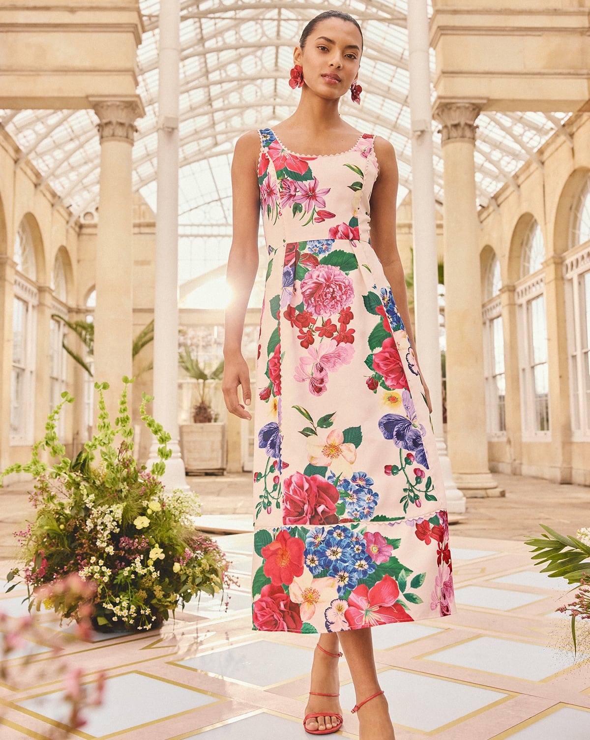 Love & Roses x RHS Ivory Floral Structured Scoop Neck Midi Dress