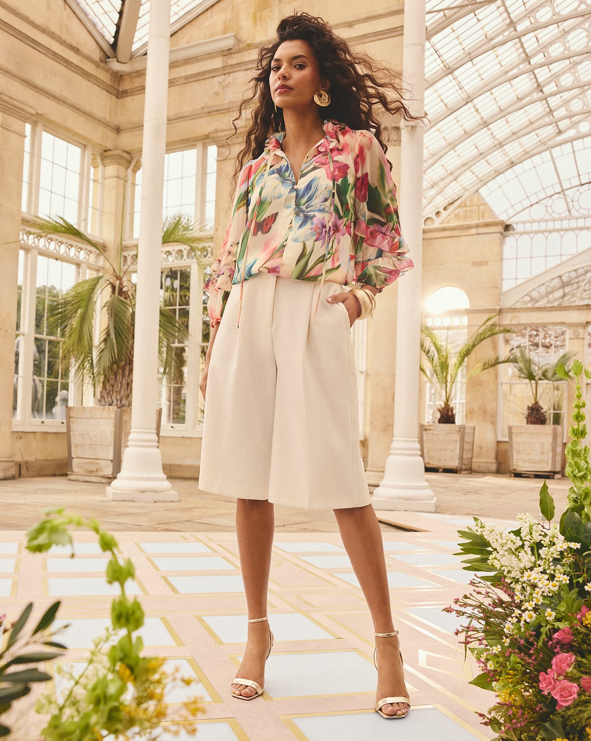 Love & Roses x RHS Blurred Floral Print 3D Flower Notch Neck Long Sleeve Blouse