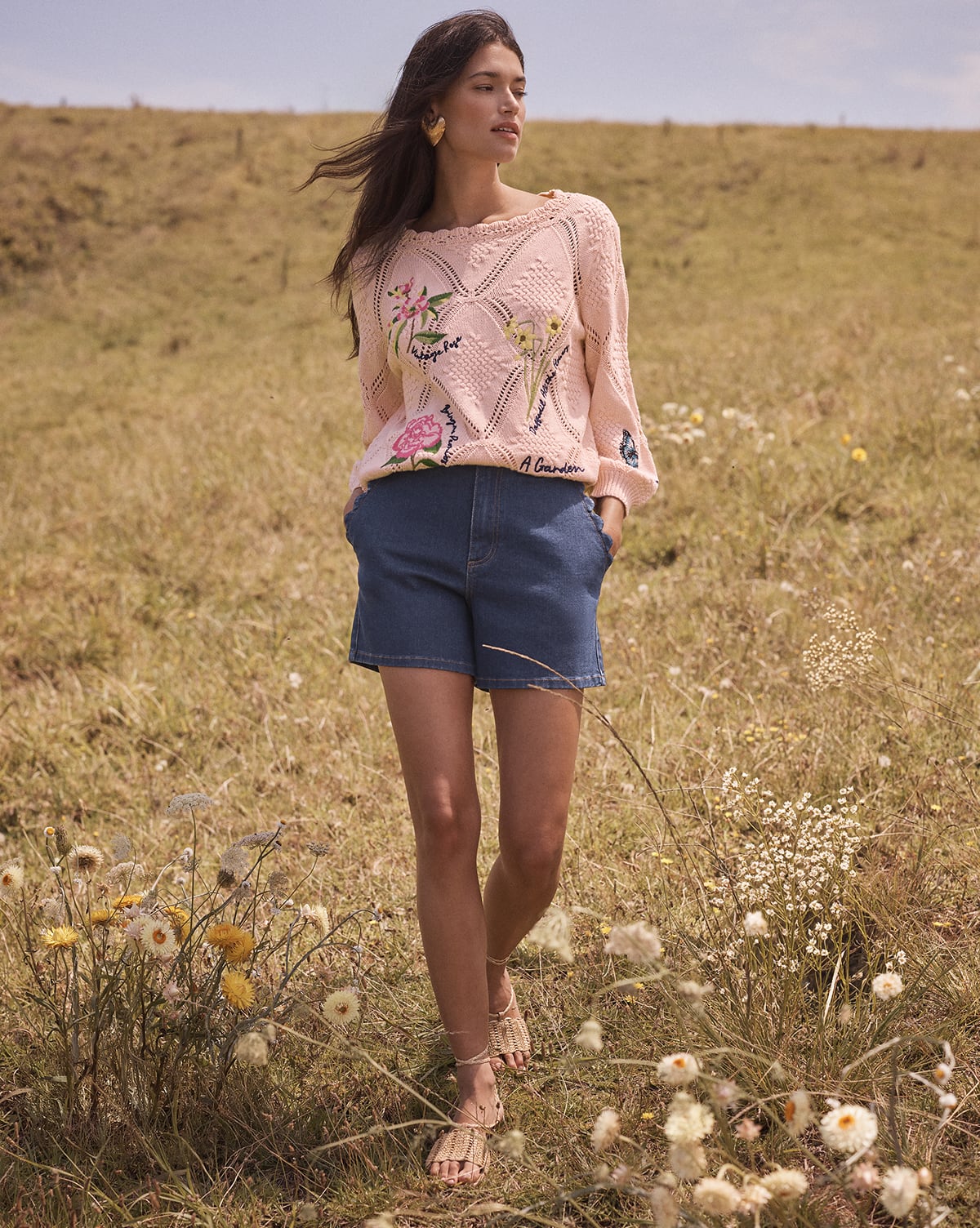 Love & Roses x RHS Pink Cotton Rich Floral Embroidered Detail Scalloped Boat Neck Knitted Jumper