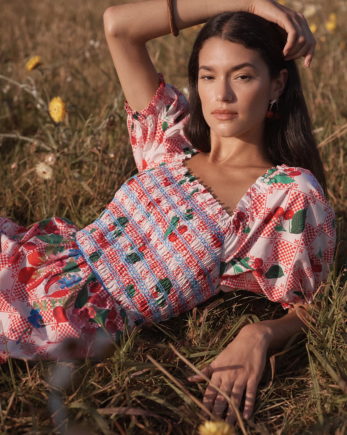 Love & Roses x RHS Red Cherry Print Smocked Bodice Puff Sleeve Midi Dress