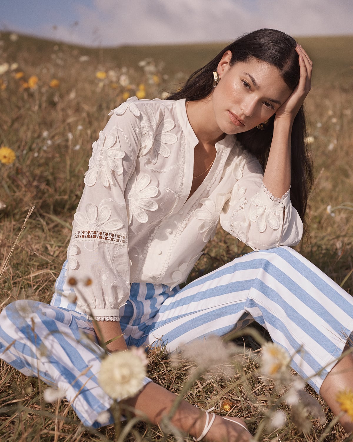 Love & Roses x RHS Ivory 3D Flower V-Neck Blouse