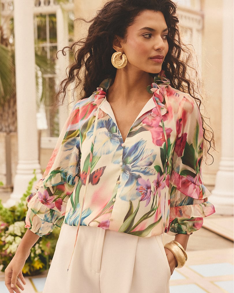 Love & Roses x RHS Blurred Floral Print 3D Flower Notch Neck Long Sleeve Blouse