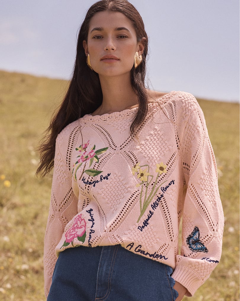 Love & Roses x RHS Pink Cotton Rich Floral Embroidered Detail Scalloped Boat Neck Knitted Jumper
