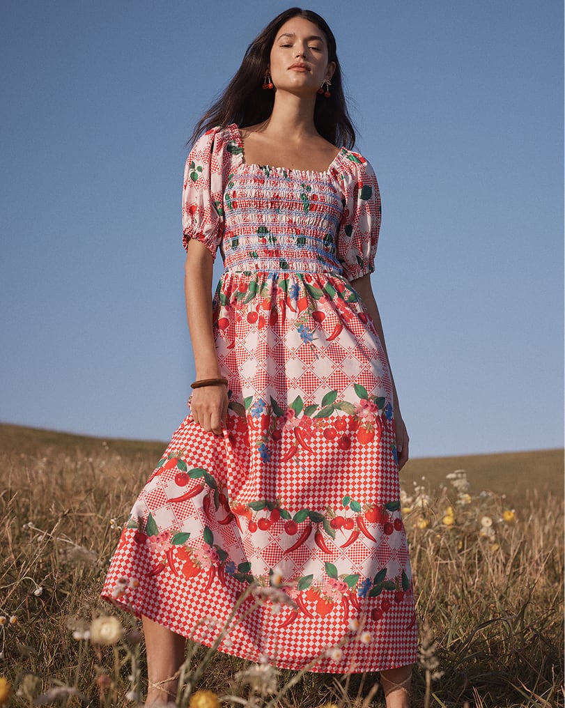 Love & Roses x RHS Red Cherry Print Smocked Bodice Puff Sleeve Midi Dress