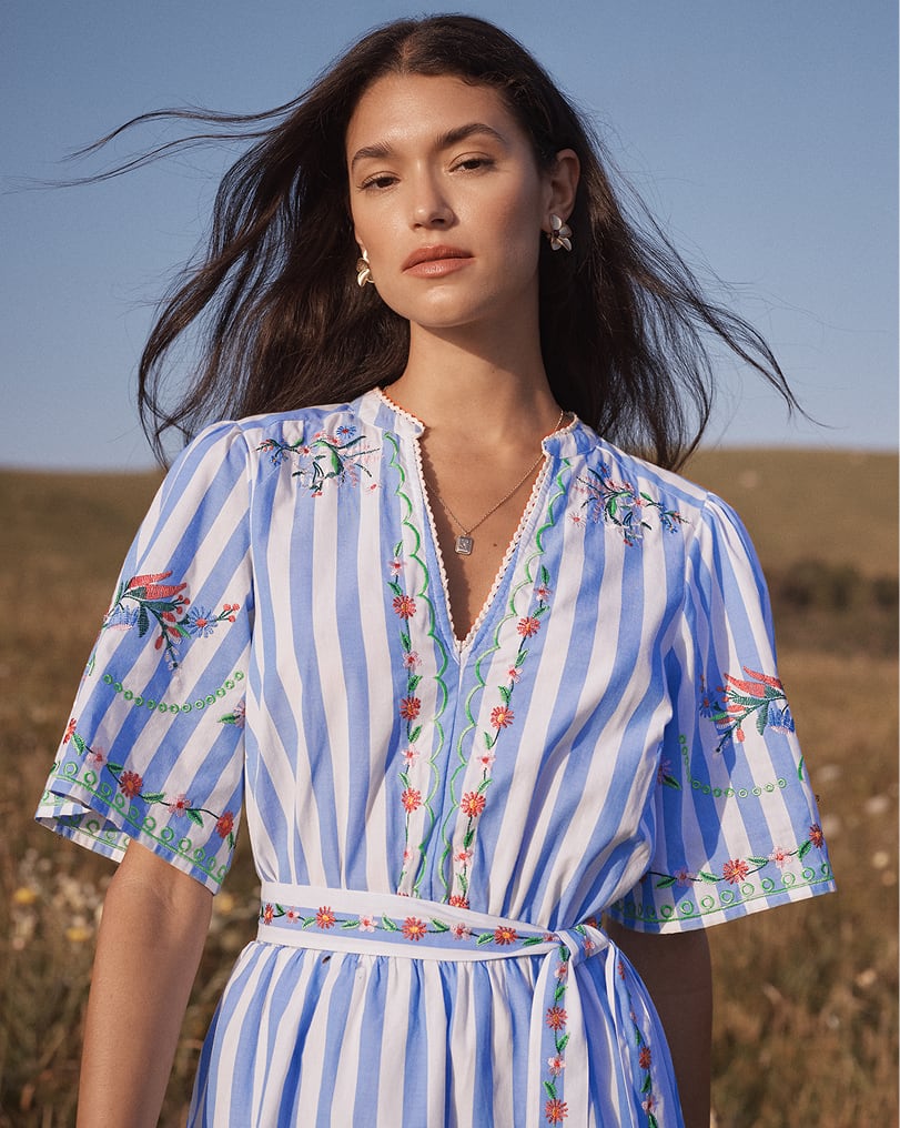 Love & Roses x RHS Blue Stripe Floral Embroidered V-Neck Shirt Mini Dress