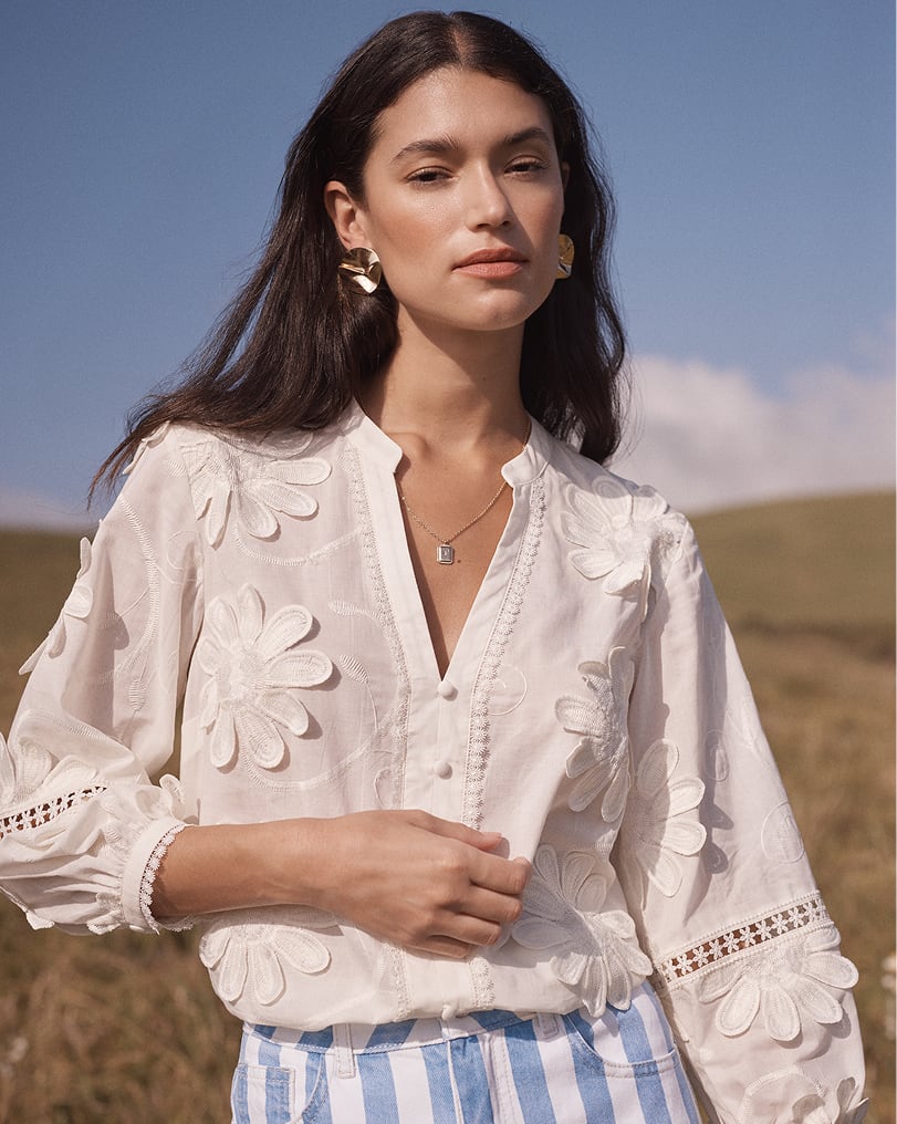 Love & Roses x RHS Blue Stripe Floral Embroidered V-Neck Shirt Mini Dress