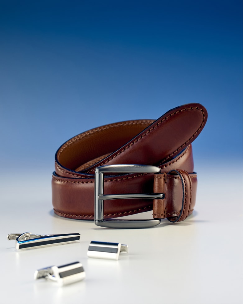 Silver Black Onyx Cufflinks And Tie Clip Set & Tan Leather Belt
