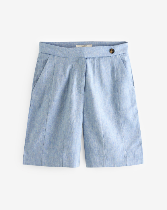 Blue Textured Linen Blend Shorts
