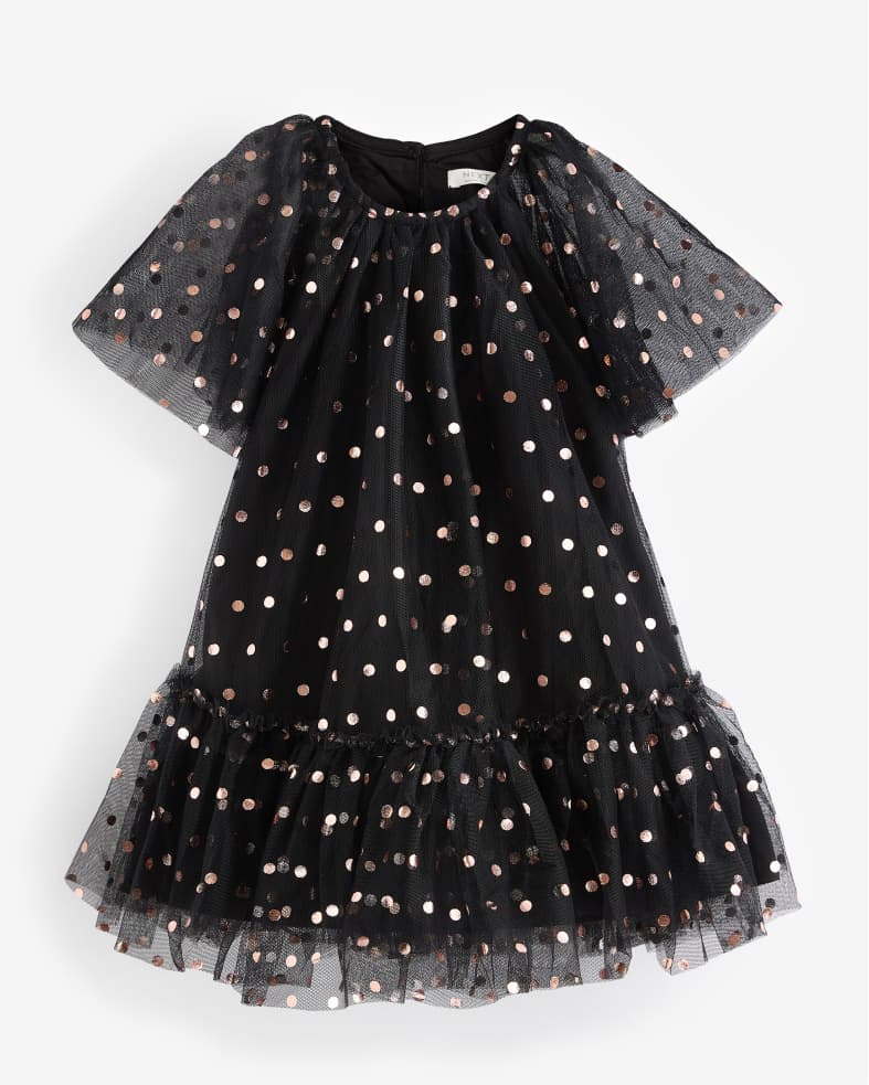 Black Foil Spot Mesh Party Dress