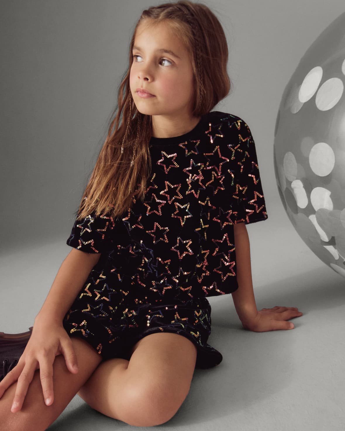Black Velour Sequin Star Top and Shorts Set