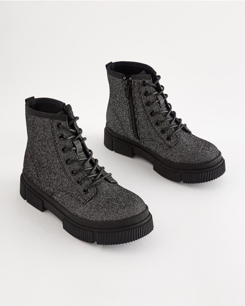 Black Glitter Lace-Up Chunky Boots