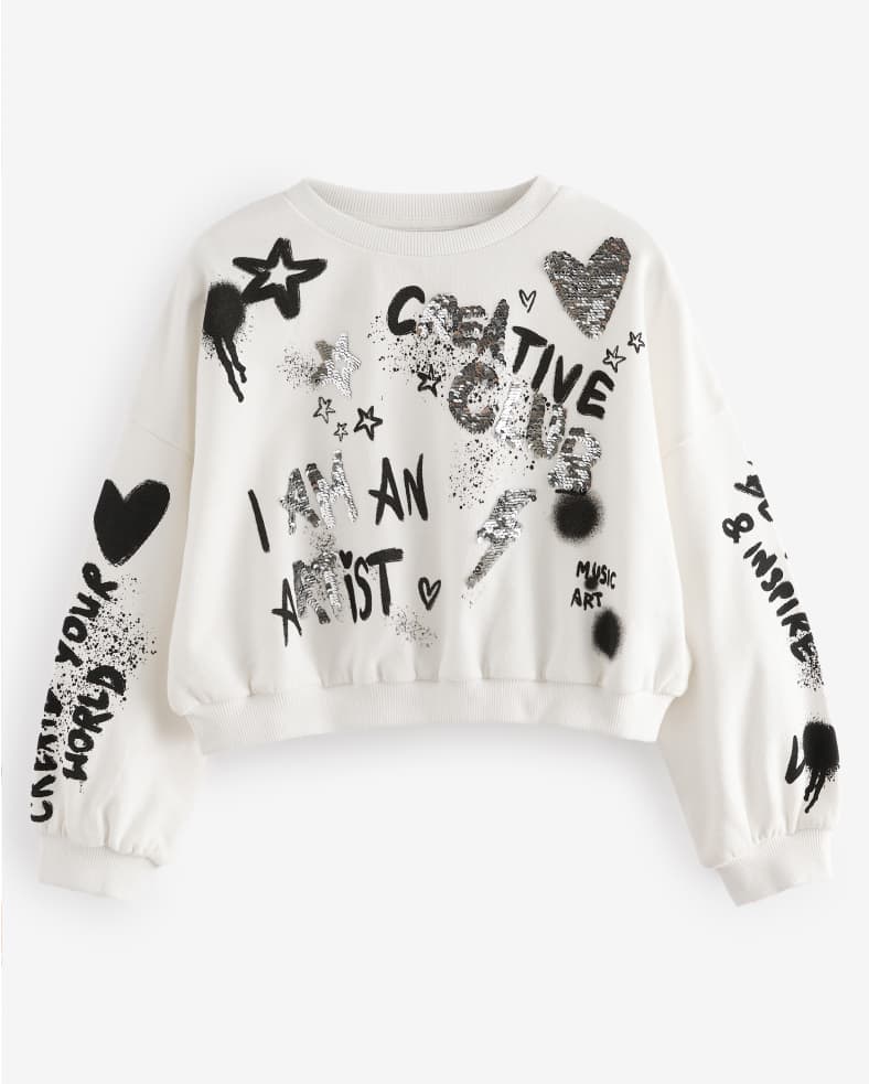 Ecru Sequin Graffiti 100% Cotton Sweatshirt