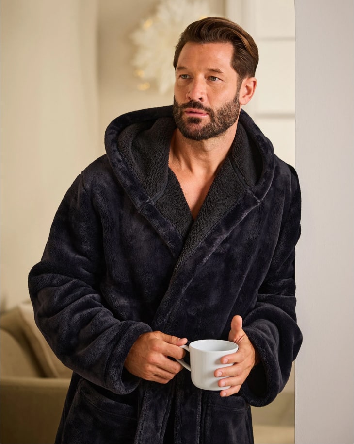 Black Borg Lined Plush Dressing Gown Robe