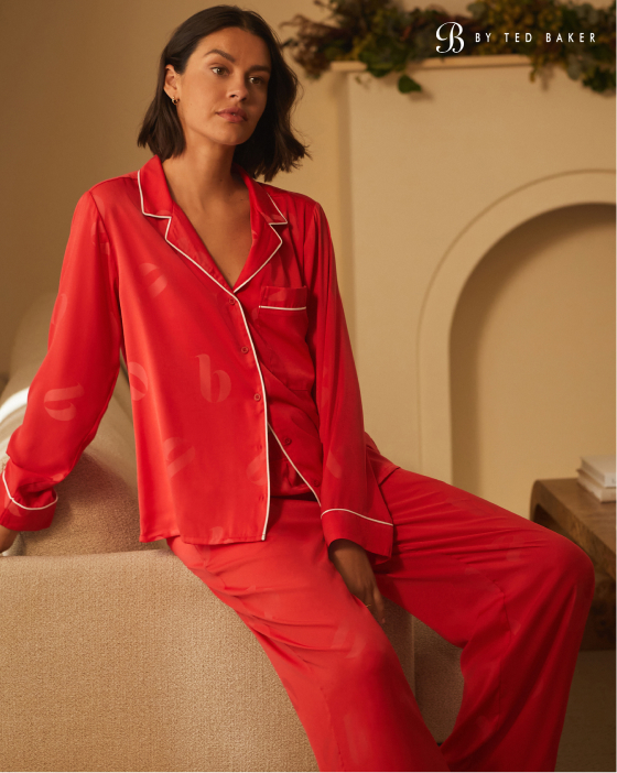 B By Ted Baker Red Jacquard B Satin Button Through Pyjamas Set