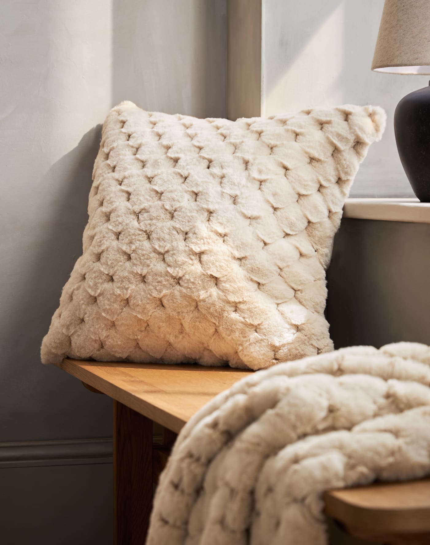 Grey 59 x 59cm Luna Scallop Faux Fur Cushion