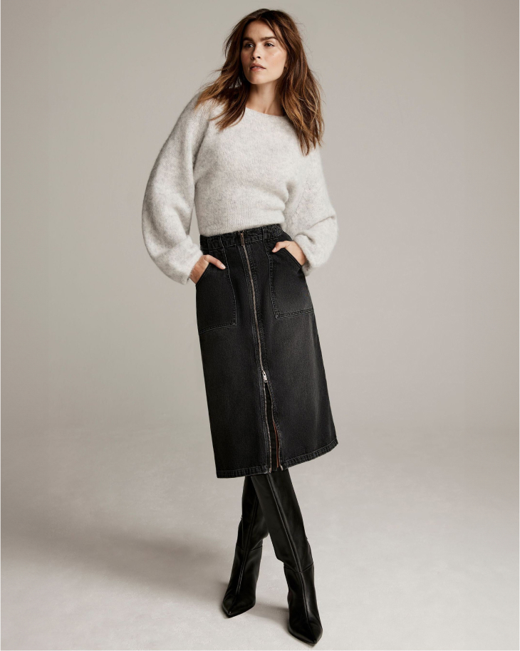 Mint Velvet Black Washed 100% Cotton Denim Zip Midi Skirt